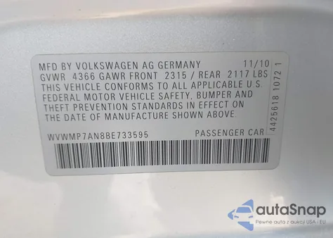 2011 Volkswagen Cc Sport z USA, uszkodzony, nr VIN WVWMP7AN8BE733595